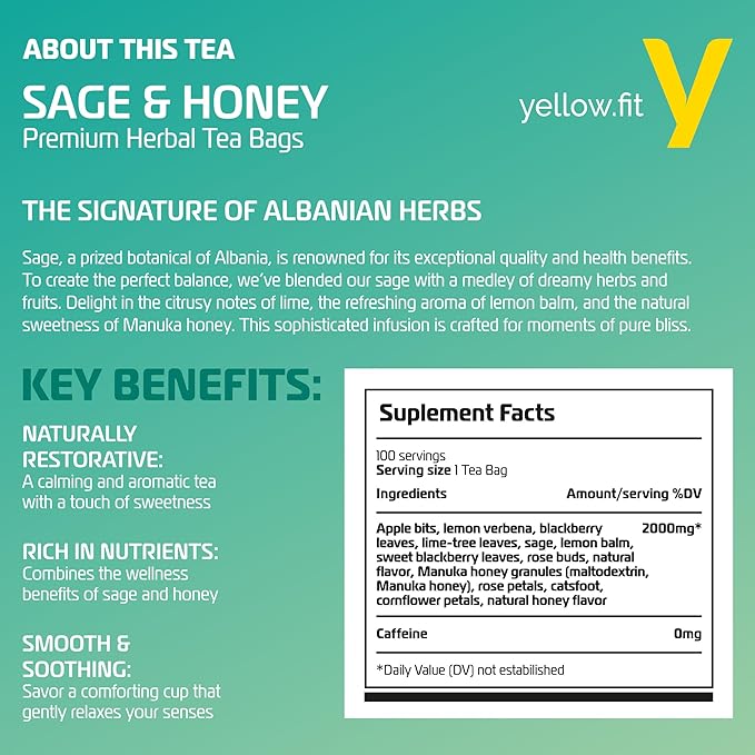Yellow.fit Sage &amp Honey Herbal Tea Bags – 1500mg Loose Leaf Tea Bags Caffeine-Free Herbal Tea with Sage Leaves &amp Honey Flavor Plant-Based Tea Bags 100 Count