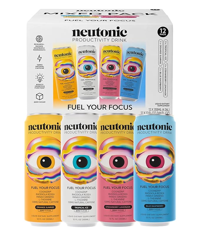 Neutonic Nootropic Productivity Energy Drink | Variety Pack 12 Cans | 120mg Natural Caffeine Zero Sugar | Support Memory Mental Clarity Cognitive Function | Boost Focus Energy Brain Health