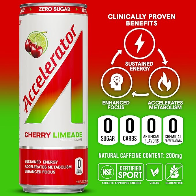 Accelerator Energy Drink Cherry Limeade 12oz can (12 pack) Zero Sugar Sustained Energy from 100% Natural Caffeine (200mg from Green Coffee Bean &amp Green Tea extract)