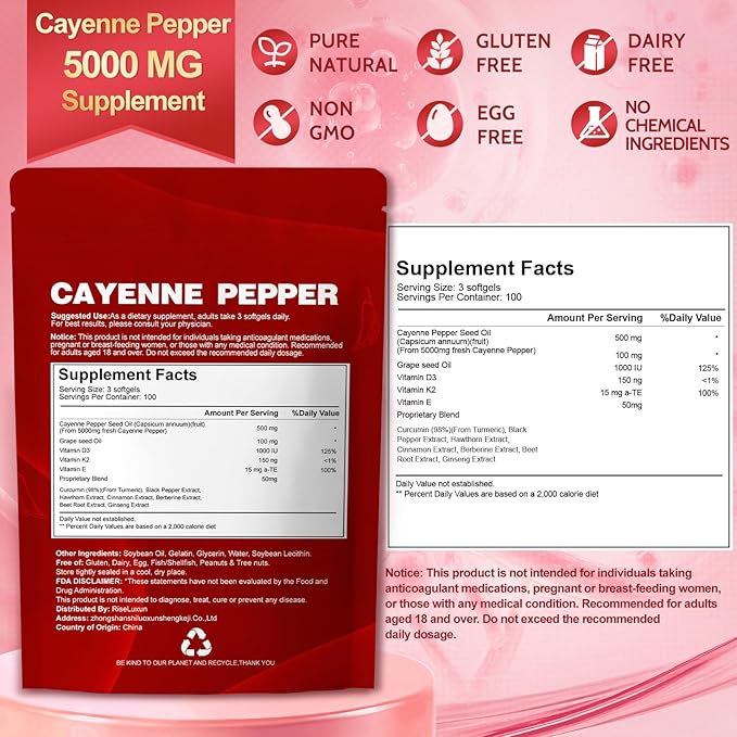 12-in-1 Cayenne Pepper Capsules Supplement* 5000mg Per Serving Containing | Vitamin D3 K2+E &amp Extracts of Grape Seed Hawthorn Beetroot Berberine Other Extracts