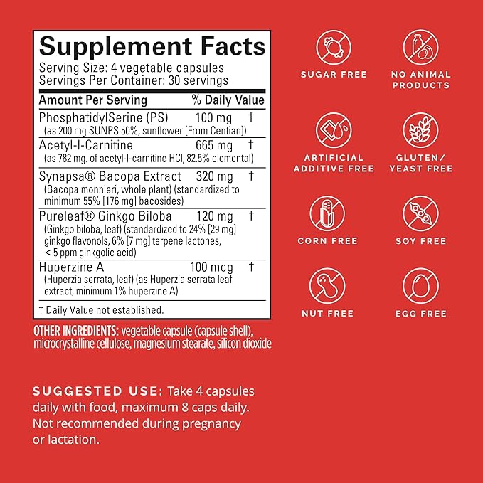BRAINMD Dr Amen Brain &amp Memory Power MAX - 120 Capsules - Nootropic Supplement with Ginkgo Biloba Extract &amp Huperzine A - 30 Servings