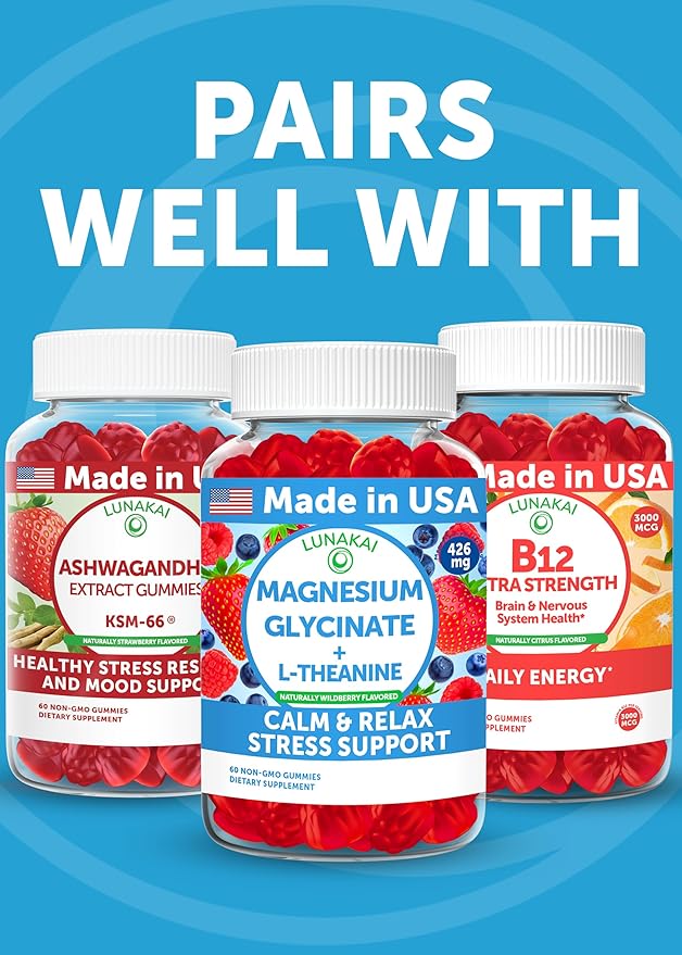 Lunakai USA Made Calm &amp Stress Relief Gummies – Delicious GABA + L-Theanine Calming Supplement for Adults &amp Kids – Natural Stress Support - 6 Pack