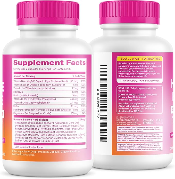Pink Stork Hormone Balance Multivitamin for Women | 18-in-1 Vitex Saffron Ashwagandha Magnesium | Mood Energy Cortisol Adrenal Support | PMS Perimenopause Support | 60 Vegan Capsules