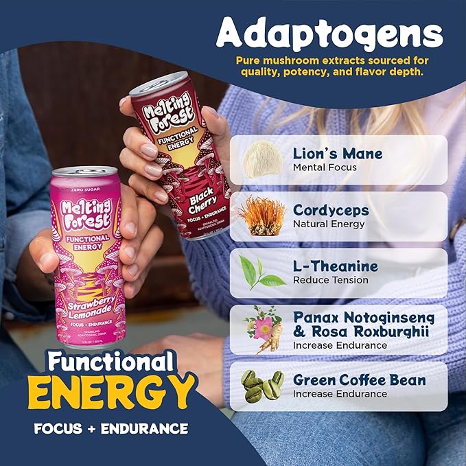 Melting Forest Mushroom Energy Drink 150mg of Caffeine L-Theanine Cordyceps &amp Lion's Mane Energy &amp Focus Cognitive Function &amp Mental Clarity Variety Pack (12 Pack)