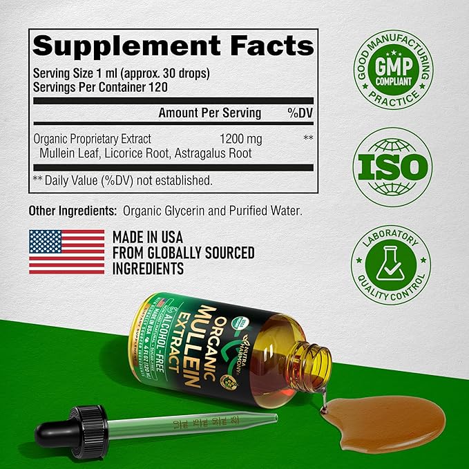 Mullein Drops for Lungs - USDA Organic Liquid - Mullein Leaf Extract Supplement - Made in USA - Lung &amp Bronchial Cleanse for Smokers - Respiratory Health Support - As Tincture Tea Pills - 4 fl o