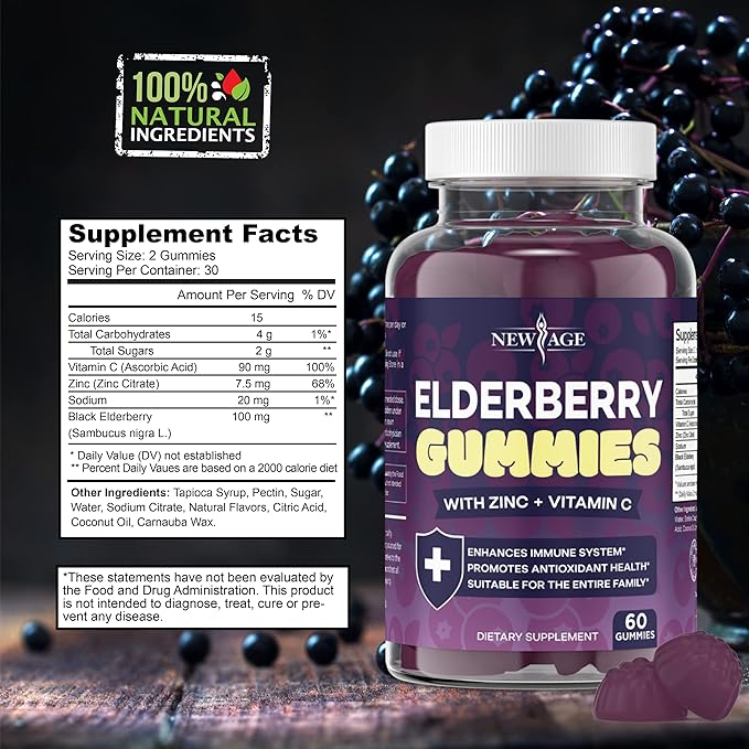 NEW AGE (2-Pack) Premium Elderberry Gummies for Adults Kids with Vitamin C Zinc Propolis - Sambucus Black Elderberry Gummy Extract - Gluten Free &amp Vegetarian - 120 Gummies