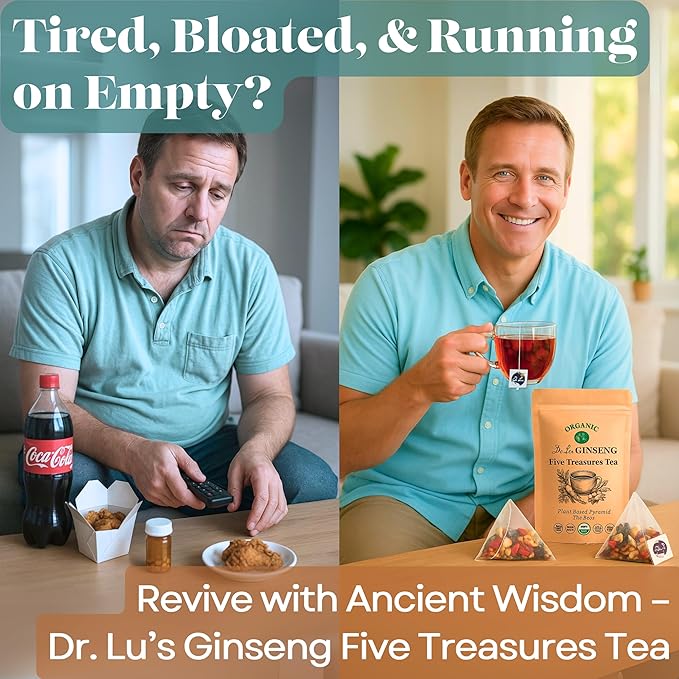 2 Pack of Dr. Lu’s Organic Ginseng Five Treasures Tea Kidney Tea | Ginseng Six Treasures tea for Kidney Cleanse Detox &amp Repair with Maca Root in Corn Fiber Pyramid Bags (No Plastic/Nylon) | Made i