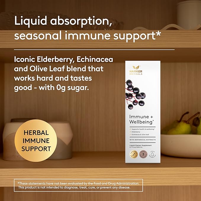 Immune + Wellbeing Syrup Herbal Formula with Elderberry Echinacea &amp Olive Leaf High Absorption Wild Berry Flavor Plant-Based - 6.7 Fl oz (40 Servings)