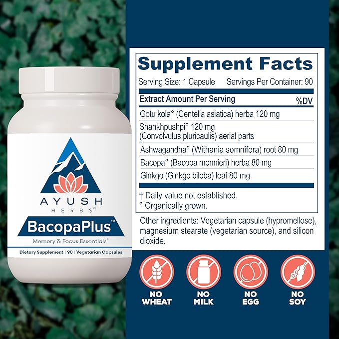 Ayush Herbs BacopaPlus - Bacopa Supplements Organic Bacopa for Memory &amp Focus Cognitive Support Pill for Adults with Ginkgo Gotu Kola Ashwagandha - 90 Vegetarian Capsules (1 Count)