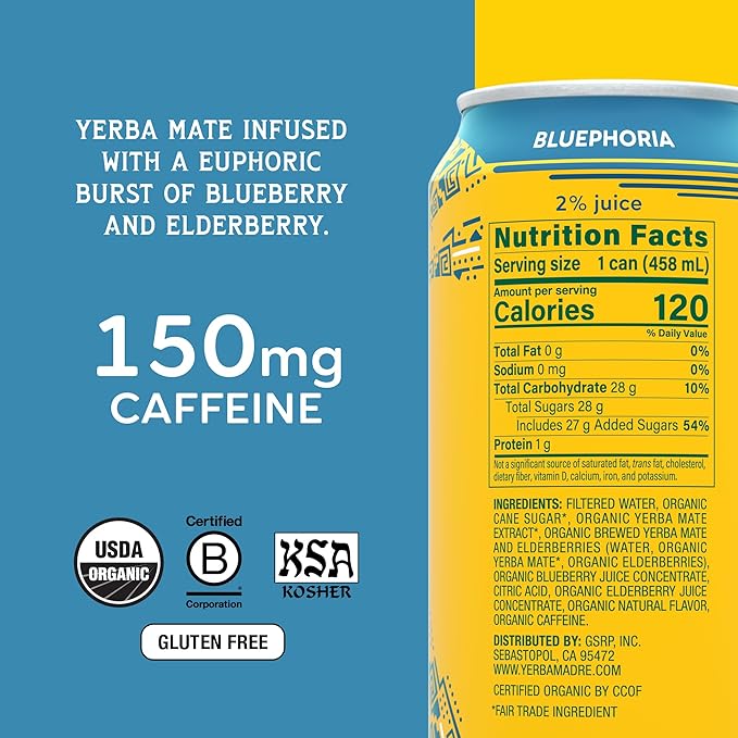 Yerba Madre Organic Yerba Mate Bluephoria 150mg Natural Caffeine Energy Drink Alternative No Jitters or Crash 15.5 Oz Cans (Pack of 12)