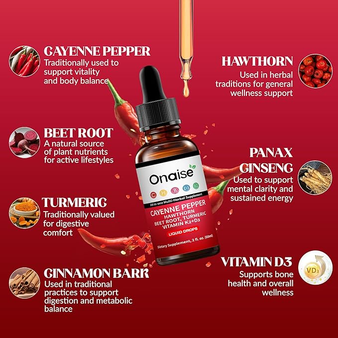 Cayenne Pepper Drops Supplement with Hawthorn Berry Vitamin D3 + K2 Beet Root Ceylon Cinnamon Turmeric Curcumin Organic Panax Ginseng for Energy Immune &amp Bone Support–2 fl oz