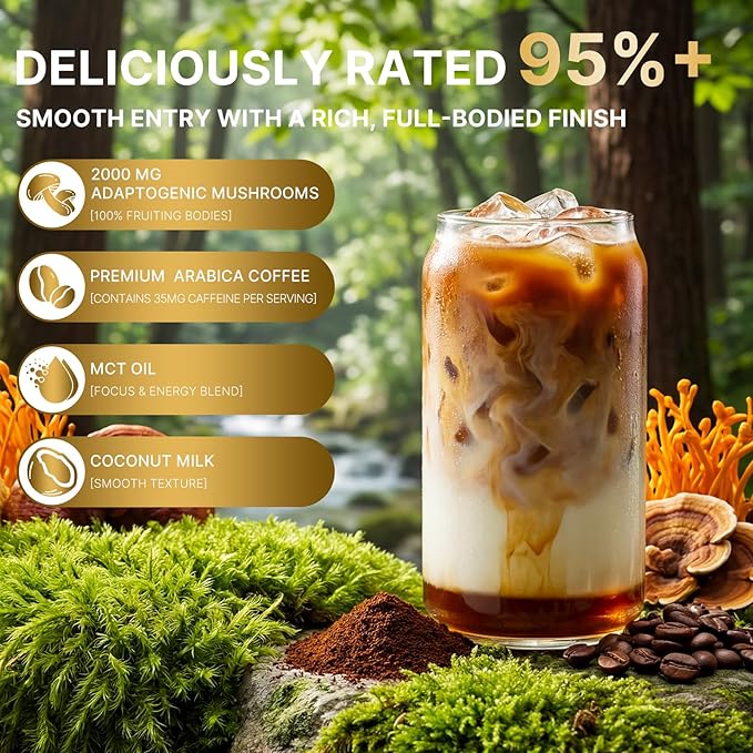 Mushroom Coffee Adaptogenic Mushrooms with Lion's Mane Reishi Cordyceps Turkey Tail Maitake Chaga Instant Coffee with MCT Oil for Energy Focus Digestive &amp Immune 30 Sachets