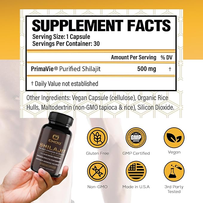 CHOQ® Shilajit - Over 50% Fulvic Acid 500 mg Vegan Capsules Energy Brain Focus Collagen Hormones Mitochondrial Function Urolithin A Lab-Tested
