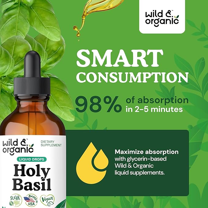 Wild &amp Organic Holy Basil Tincture - Relaxation &amp Calmness Support - Liquid Holy Basil Leaf Supplement - Tulsi Drops - Vegan Sugar &amp Alcohol-Free Extract - 4 fl oz