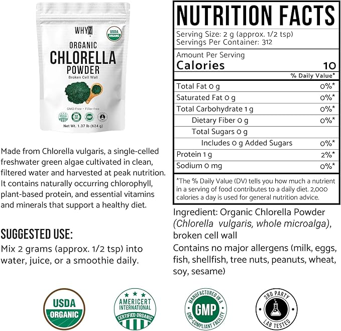 Organic Chlorella Powder 22 oz Raw Premium Superfood Rich in Vegan Protein &amp Chlorophyll Non-GMO Vegan-Friendly Supplement 312 Servings 1.37 lb (624g)