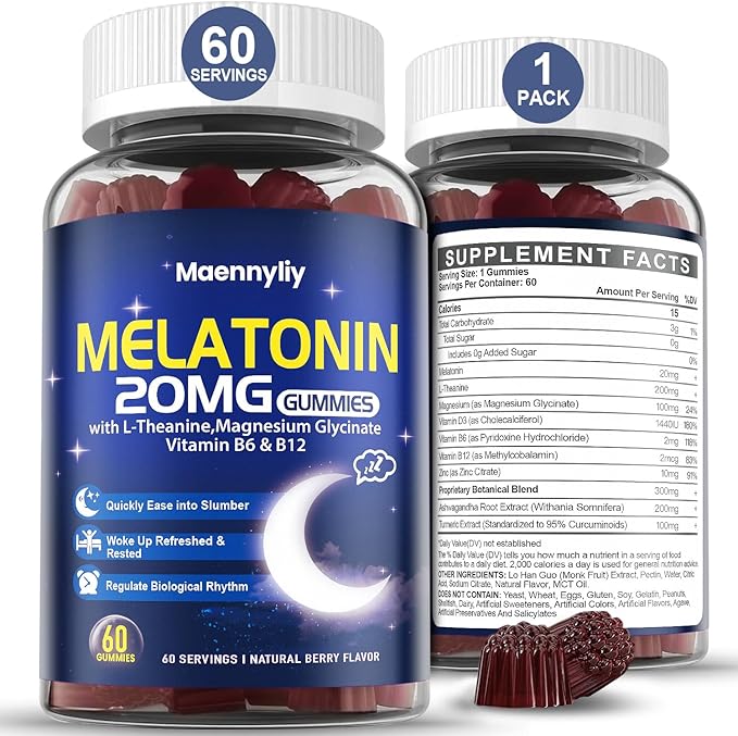 Melatonin 20mg Gummies for Adults - Sugar Free Melatonin Gummies Extra Strength with L-Theanine Magnesium Ashwagandha Turmeric D3 &amp Zinc - Non-Habit Forming