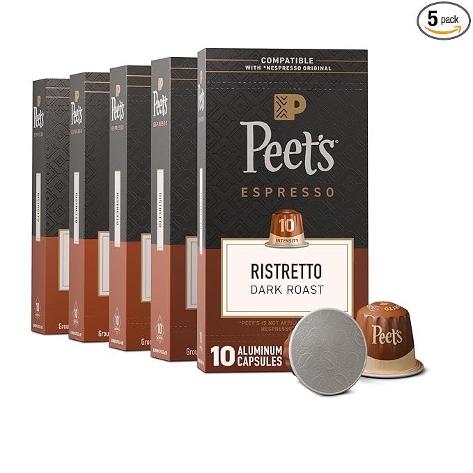 Peet's Coffee Dark Roast Espresso Capsules Compatible with Nespresso Original Machine 100% Arabica Coffee - Ristretto Intensity 10 50 Count (5 Boxes of 10 Espresso Capsules)