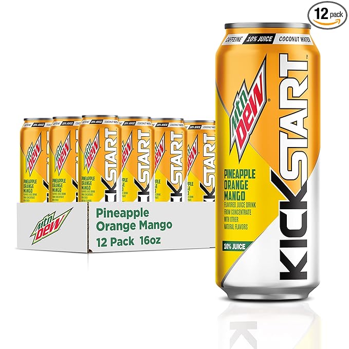 Mountain Dew Kickstart Pineapple Orange Mango 90mg Caffeine Vitamins B &amp C 80 Calories 10% Juice 16 fl oz (Pack of 12)