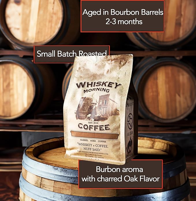 Whiskey Morning Coffee Bourbon Barrel Aged Ground Coffee Fire Roasted Ground Coffee 100% Specialty Grade Arabica Non Alcoholic Natural Whiskey Infused Coffee Small Batch Texas Roasted 10 oz Bag