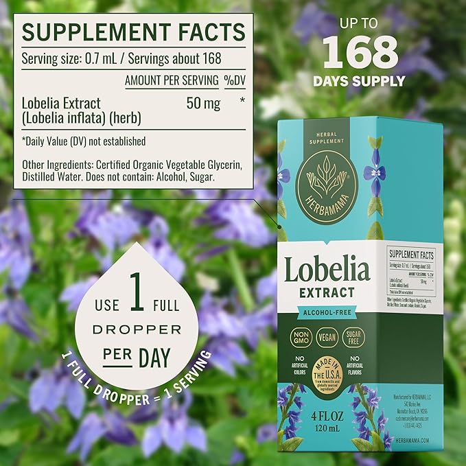 HERBAMAMA Lobelia Tincture - Vegan Lobelia Leaf Extract for Lung Cleanse &amp Detox - Respiratory Lung Support Drops - Non-GMO Alcohol &amp Sugar-Free Respiratory Support Supplement