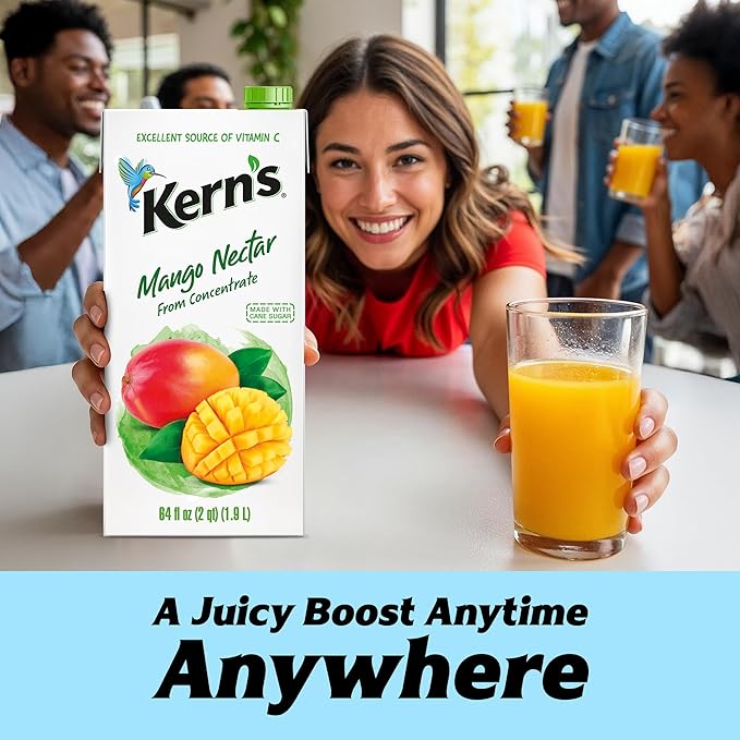 Kern’s Mango Juice Nectar - Mango Nectar Made with Fresh Fruit Puree - Tropical Fruit Juice Concentrate for Smoothie Mix Cocktail Mixers &amp Kids Drinks &amp Beverages - 64oz 8 Pack Carton