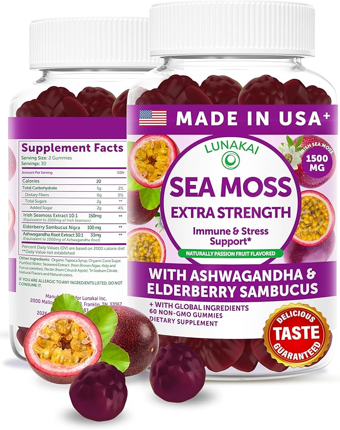 Lunakai USA Made Irish Sea Moss Gummies with Ashwagandha &amp Elderberry – Delicious Daily Immune &amp Stress Support Supplement for Men &amp Women 60ct