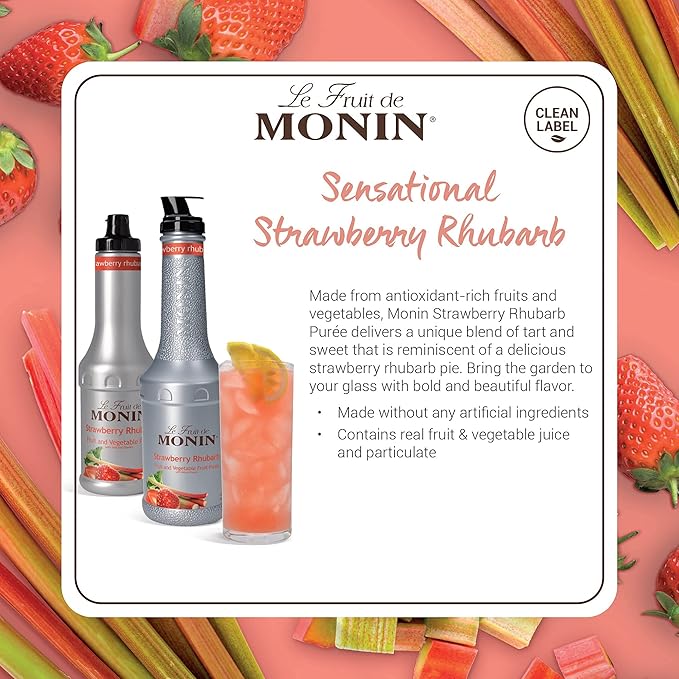 Monin - Strawberry Rhubarb Purée Tart &amp Sweet Purée Made with Real Fruit &amp Vegetable Juices Antioxidant-Rich Fruit Purée for Cocktails Smoothies Cooking Baking &amp More Clean Label