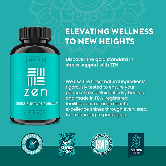 WellPath Zen Stress Relief Supplement + Mood Support (180 ct) | Calm Stress &amp Energy Aid | Ashwagandha Root Rhodiola Rosea L-Theanine Lemon Balm | Herbal Capsules
