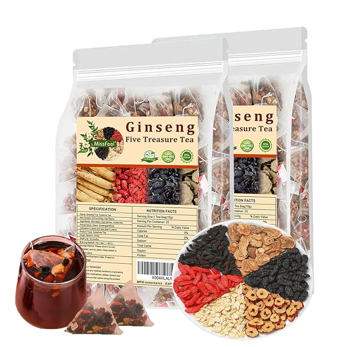 Ginseng Five Treasure Tea Kidney Tea Formula Ginseng Six Treasure Natural Detox for Men &amp Women Organic Chinese Herbal Tea 6 Precious Ingredients Formula (2 Bags 50 Pcs)