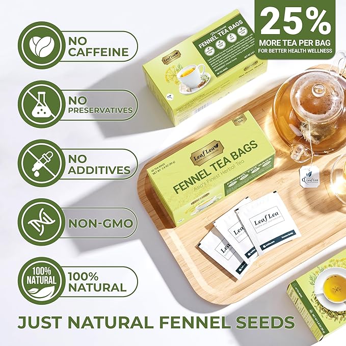 LeafLea 80 Premium Fennel Tea Bags Pure Dried Fennel Seed Tea Daily Ease &amp Balance Naturally Sweet Taste Caffeine-Free Sugar-Free Non-GMO Vegan Individually Wrapped