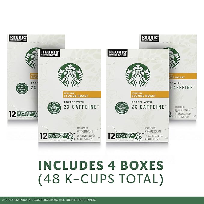 Starbucks Blonde Roast K-Cup Coffee Pods with 2X Caffeine for Keurig Brewers 4 boxes (48 pods total)