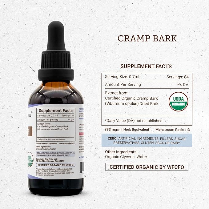 Secrets of the Tribe Cramp Bark USDA Organic | Alcohol-Free Extract High-Potency Herbal Drops | Made from 100% Certified Organic Cramp Bark (Viburnum Opulus) Dried Bark 2 OZ