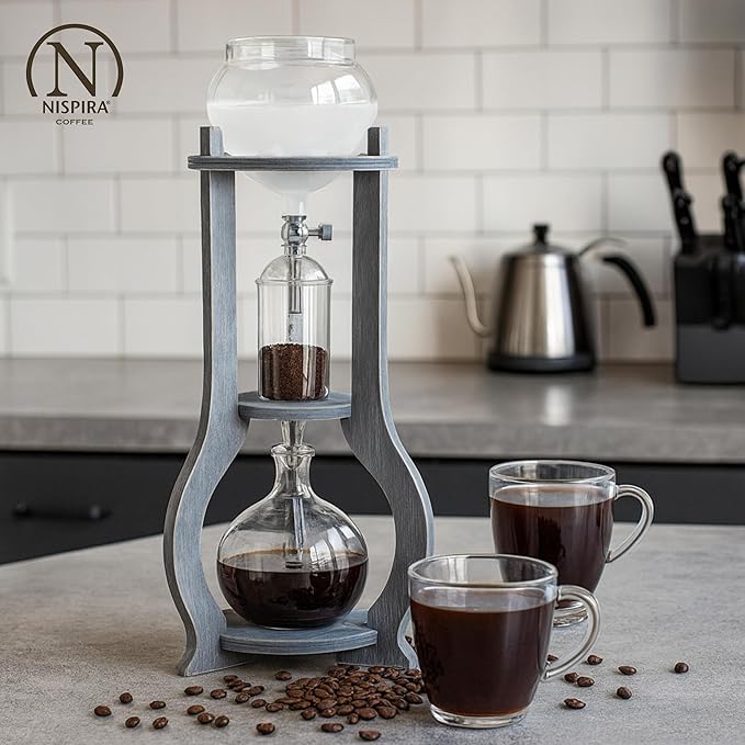 Nispira Iced Coffee Cold Brew Drip Tower Coffee Maker Wooden 6-8 cup Grey