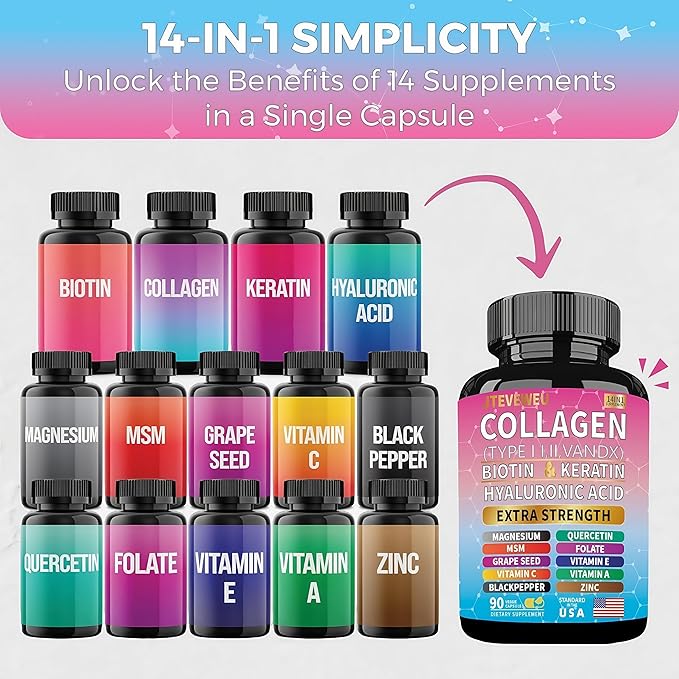 Collagen Supplement - Type I II III V and X - with Biotin Keratin Hyaluronic Acid &amp 13+ Extra Strength Ingredients - （90 Capsules）