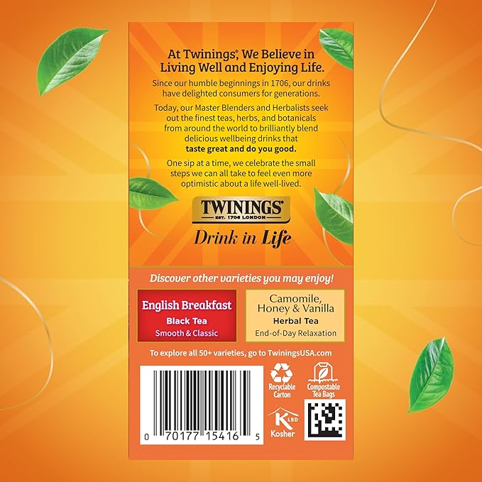 Twinings Ceylon Pure Black Tea Individually Wrapped Bags 20 Count (Pack of 6) formerly Ceylon Orange Pekoe Crisp Refreshing Caffeinated Enjoy Hot or Iced 120 Teabags