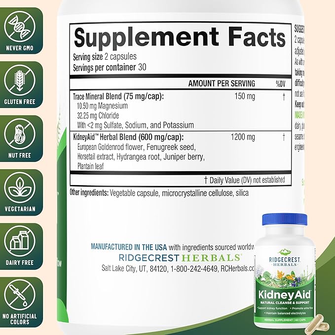 Ridgecrest Herbals KidneyAid Kidney Health Support Supplement Hydrangea Horsetail Urinary Tract Health Support Trace Mineral (60 Caps 30 Serv)