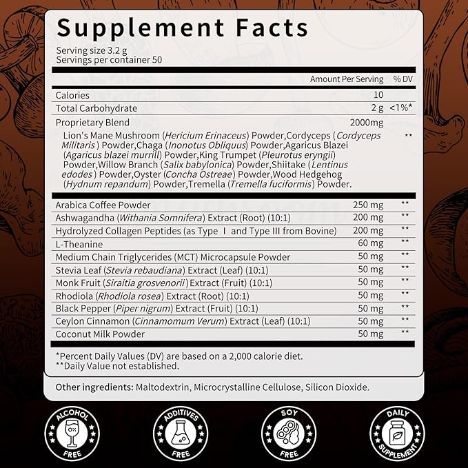 Catfit Instant Mushroom Coffee Powder 10-in-1 Adaptogen Blend with Lion's Mane Chaga &amp Cordyceps for Energy Focus Gut Health &amp Immune Support - 240g 75 Servings