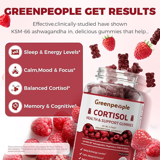 GREENPEOPLE Cortisol Supplements for Women &amp Men - Cortisol Reducer Detox Manager w/KSM-66 Ashwagandha/Magnesium/L-theanine/GABA/Vitamin B6 for Mood/Sleep/Stress Relief 60 CT Raspberry Flavor Gumm