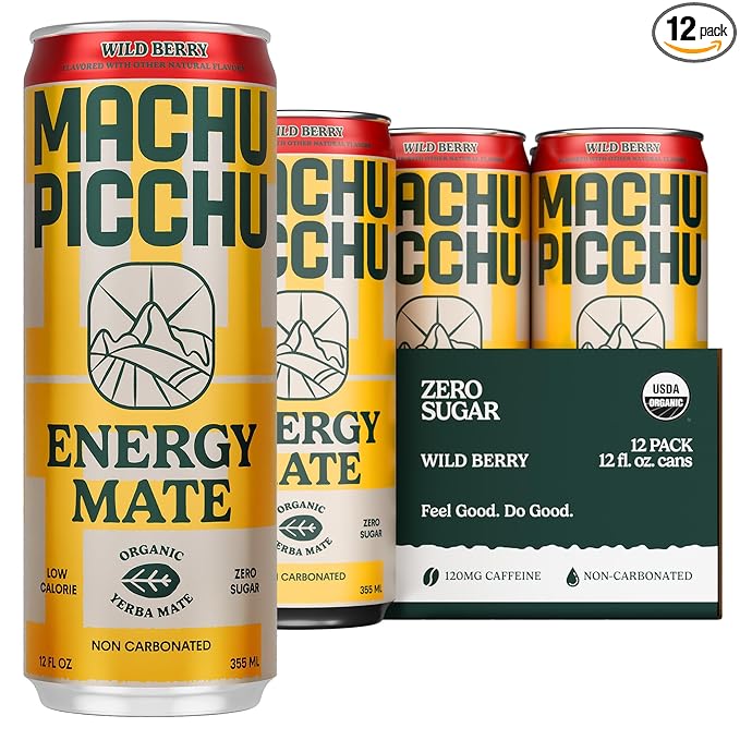 MACHU PICCHU Zero Sugar Energy Mate Drink – Non-Carbonated Yerba Mate 120mg Organic Caffeine Smooth Focus Without Jitters or Crash Low Calorie USDA Organic 12oz Cans (12-Pack-“Wild Berry”)