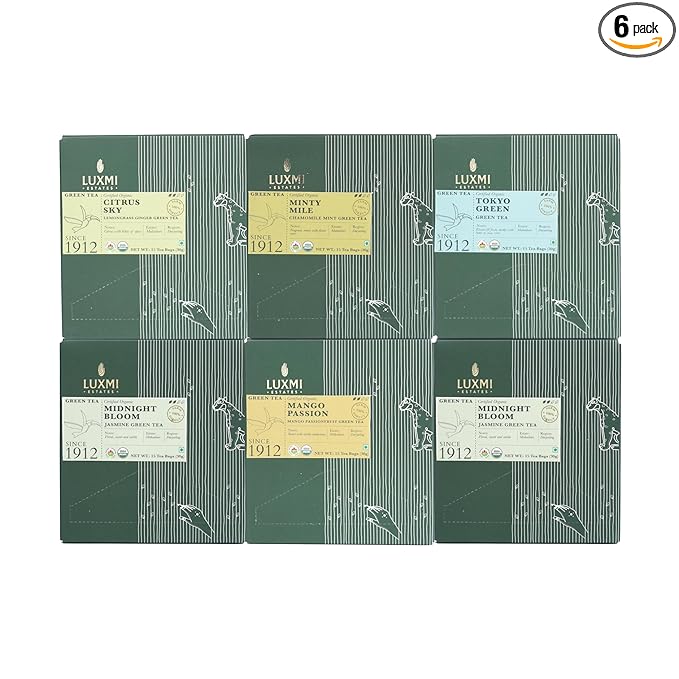 Luxmi Estates - Organic Green Tea Assortment Pack of 6-90 Tea Bags - USDA Organic Non-GMO All Natural