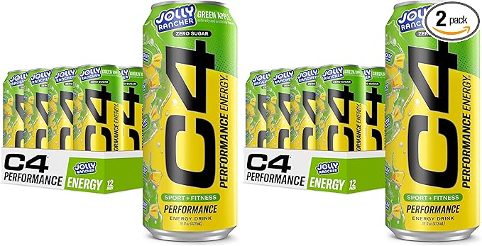Cellucor C4 Performance Energy Drink | JOLLY RANCHER Green Apple | Zero Sugar Carbonated Preworkout Energy | 200mg Caffeine with Beta Alanine | 16 Fl Oz (24 Pack)