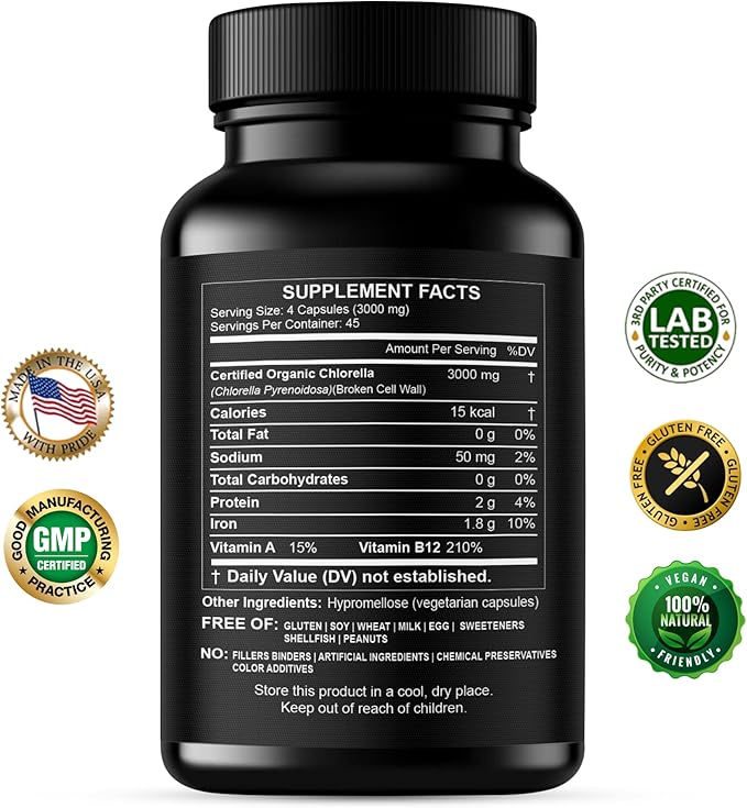 Chlorella Capsules 3000 mg - Cracked Cell Wall Blue Green Algae Supplement - Best Natural Detox Cleanse - Plant Vitamins Minerals Chlorophyll Vegan Protein Powder Pills - Made in USA