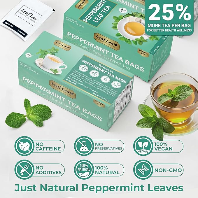 LeafLea 80 Premium Peppermint Tea Bags 100% Natural Peppermint Leaf Tea Te de Menta for Soothing Throat &amp Refreshing Breath Light and Smooth Flavor Caffeine-Free Sugar-Free Individually Wrap
