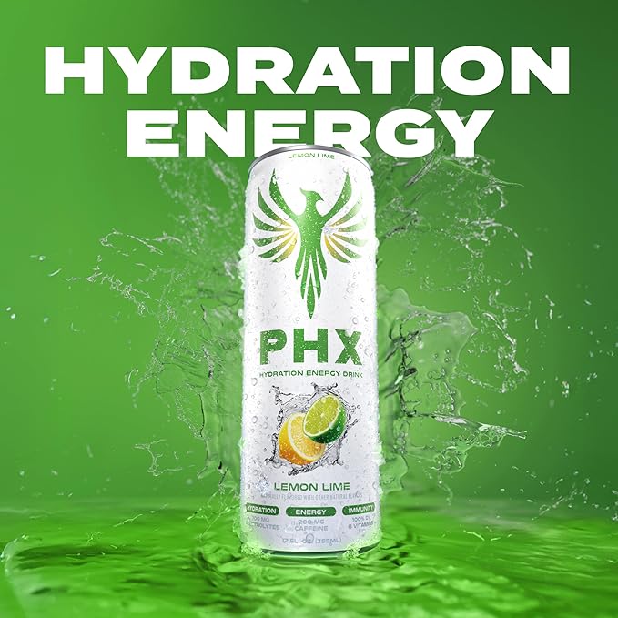 PHX Hydration Energy Drink - 700mg Electrolytes 200mg Natural Green Tea Caffeine 100% Daily Value 8 Essential Vitamins - 12 oz Cans (12 Pack) (12 Pack Lemon Lime)