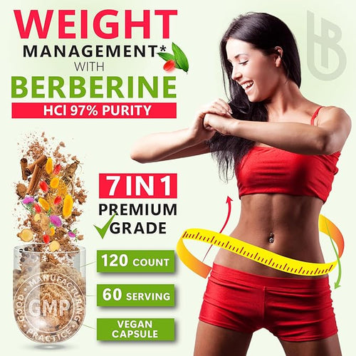 7in1 Premium Berberine and Ceylon Cinnamon for Weight Management Digestion Heart Health &amp Immune Support - with Ginseng Turmeric Ginger Milk Thistle &amp Black Pepper - 120 Vegan Capsules