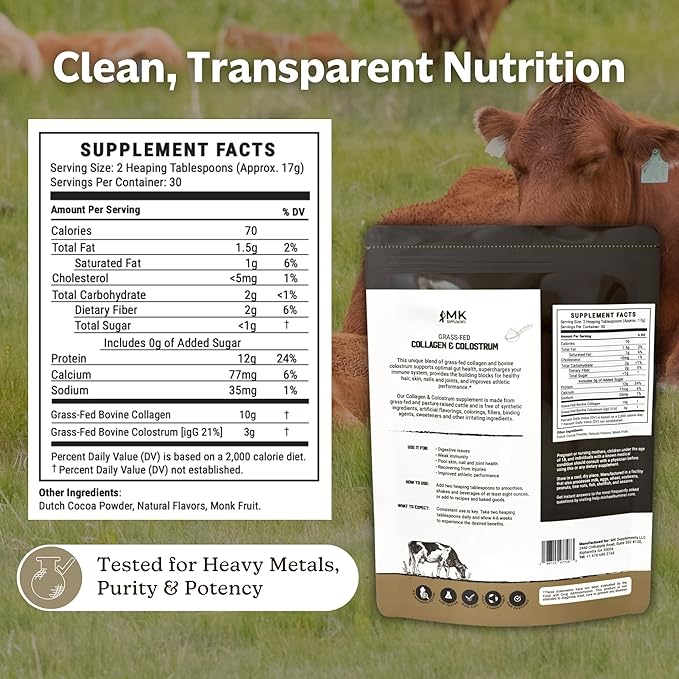 MK Supplements Collagen &amp Colostrum – Grass-Fed Collagen Peptides &amp Colostrum Powder for Hair Nail Skin Bone &amp Joint Health Chocolate Flavor + Monk Fruit
