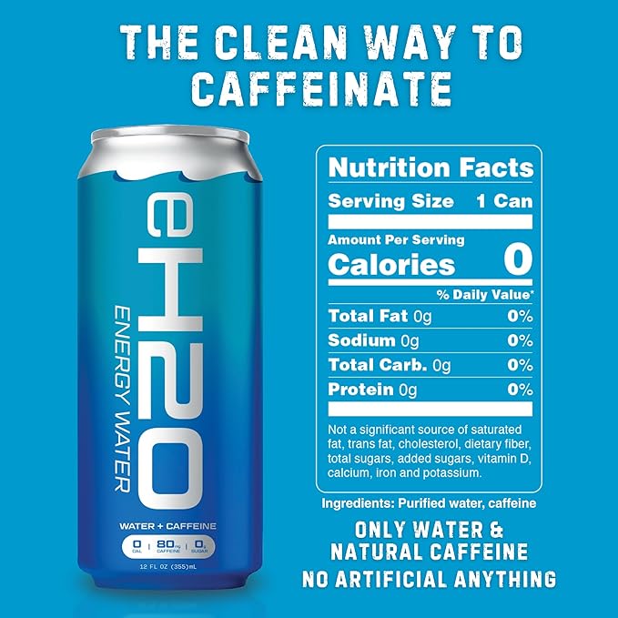 eH2O Energy Water - Tastes Like Water 80mg Natural Caffeine 0 Calories 0g Sugar 2 Ingredients Caffeine Water Clean Energy Drink Alternative 12 Pack - 12 Fl Oz
