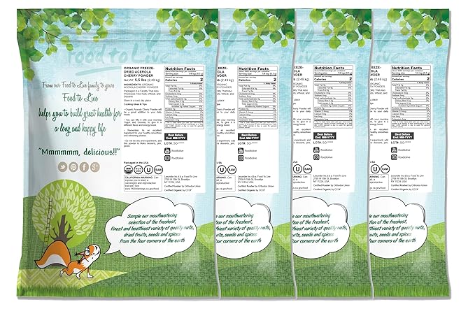 Food to Live Organic Freeze-Dried Acerola Cherry Powder 22 Pounds – Non-GMO 100% Pure Kosher Raw Non-Irradiated No Additives Vegan Superfood Bulk Great for Juice Drinks and Smoothies Rich i