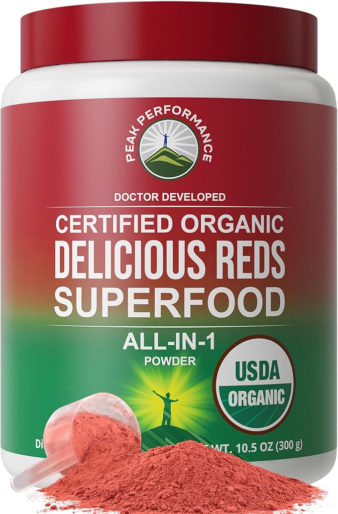 Peak Performance Organic Reds Superfood Powder Best Tasting Red Juice Super Food w/ 25+ All Natural Ingredients &amp Polyphenols Vital for Max Energy and Detox - Raspberry Elderberry Beetroot