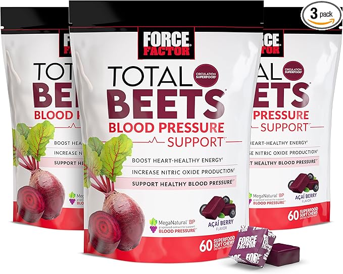 Force Factor Total Beets Blood Pressure Support Supplement with Beets Powder Great-Tasting Chewables for Heart-Healthy Energy and Increased Nitric Oxide 180 Chews 3-Pack